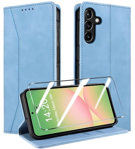 QHOHQ Cover per Samsung Galaxy A56 / A36 5G + Vetro Pellicola, [RFID Shieldon], Libro Custodia Portafoglio Premium Pelle PU, [Slot Scheda], Chiusura Magnetico Aletta Antiurto Case - Blu chiaro