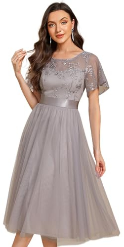 Ever-Pretty Elegante Vestido de Dama de Honor para Mujer Manga Corta Midi Cuello Redondo Gris 38