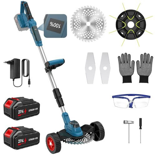 Desbrozadora Bateria, Desbrozadora Electrica con 2 Baterías 3,0 Ah, 3 Tipos Cuchillas, Motor sin Escobillas, Ruedas Desmontables, Varilla Telescópica, Pantalla LCD, Cortabordes para Jardín y Césped