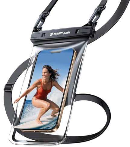 MAGIC JOHN Custodia impermeabile per iPhone 16/15/14/13 Pro Max, con cordino regolabile, per vacanze, spiaggia, piscina, kayak, crociera, viaggi, essenziali, colore nero, 8 pollici
