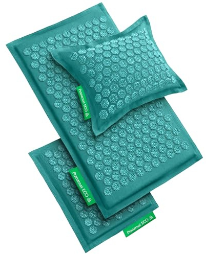 Pranamat Set de Esterillas Grande y Pequeña con Almohada de Acupresión, Terapia Premium para Alivio del Dolor y Relajación, Hecho a Mano en Europa con Materiales Naturales y Sostenibles (Azur)