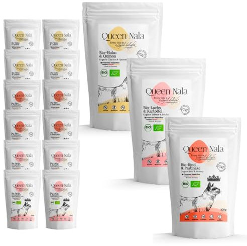 QUEEN NALA - Bio Nassfutter für Katzen - Premium Katzenfutter ohne Zusatzstoffe, getreidefrei und ohne Zucker - Monoprotein & Sensitiv (100 g (12er Pack), Rindfleisch + Huhn + Lachs)
