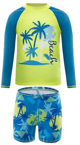 Cheerful Mario Maillot de Bain Enfant Garcon UV Protection Manches Longues Rashguard Sets Vêtements de Bain Arbres 7-8 Ans