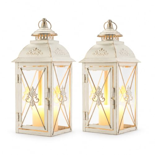 TRIROCKS Set of 2 Vintage Hanging Lantern - 13.5'' Decorative Metal & Tempered Glass Candle Holder - Ideal for Indoor/Outdoor Events, Patio, Garden, Parties White & Gold Brush Finish
