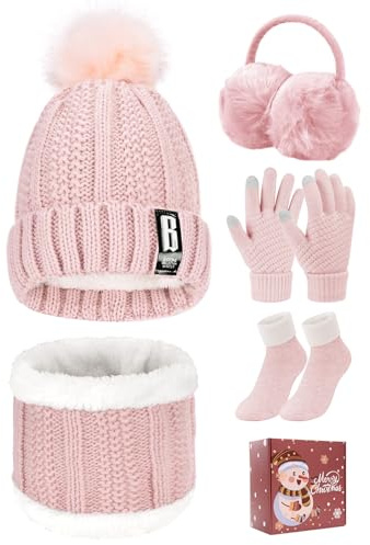 Tuopuda Knitted Hat and Scarf Set 5 PCS Winter Set,Plush Ear warmers Warm Knitted Scarf Beanie Hat and Touch Screen Gloves Set Women Thermal Socks for Skiing Hat Outdoor Sports(Pink-Gift Pack)