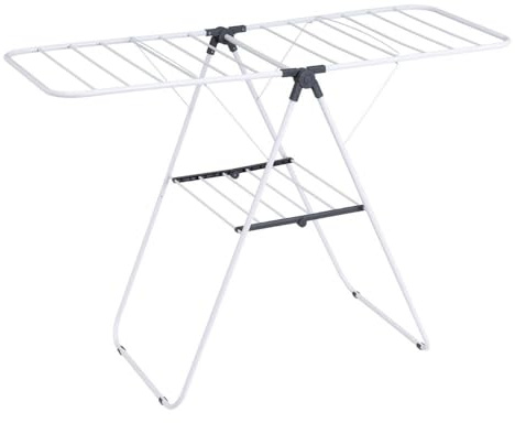 CasaSelección - Tendedero plegable con 2 alas y estante inferior de metal blanco, compacto, resistente y estable para interior y exterior con 10 metros lineales de tendido