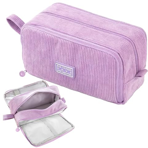 TZEKING Astuccio Portamatite,Astucci Matite di Grande con 3 Scomparti,Velluto a Coste,Chiusura Lampo,Manico,Astuccio Portamatite Studenti,Stazionario Borsa dei Trucchi,per Scuola,Casa e Ufficio