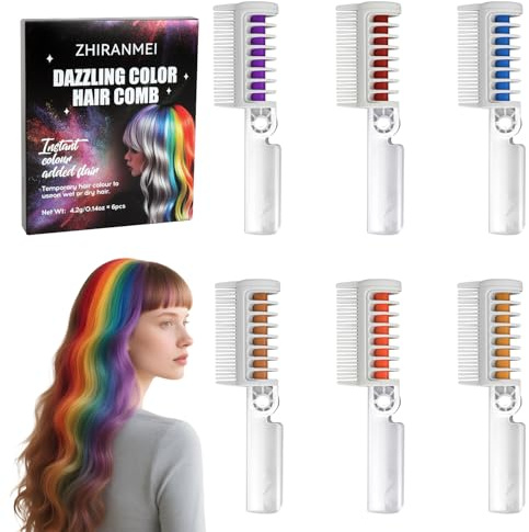 MOTIBACK Juego de tizas para el pelo lavables para niños, 6 colores con peine plegable, color temporal para el pelo, para carnaval, cumpleaños infantiles