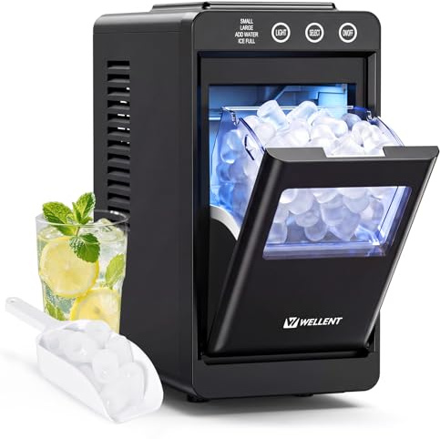 WELLENT Máquina de Hielo Portátil de Acero Inoxidable - 8 Cubos en 6 Minutos, 12KG/24 Horas, 2 Tamaños de Hielo, Función de Autolimpieza - Ideal para Hogar/Cocina/Oficina/Bar