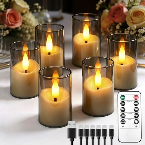 6 Pack Small Rechargeable Acrylic Flameless Candles with Remote Timer | 4 x 6.5cm LED Tea Light Flickering Votive Mini Candles Battery Operated for Home Table Halloween Party Wedding Decor
