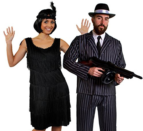 DELUXE GANGSTER PAAR=KOSTÜM VERKLEIDUNG= SCHWARZES FRANSEN KLEID +NADELSTREIFEN ANZUG+KRAWATTE +SCHNURRBART +AUFBLASBARER MASCHINEN PISTOLE +SCHWARZER GANGSTER HUT = KLEID-S + ANZUG-XL