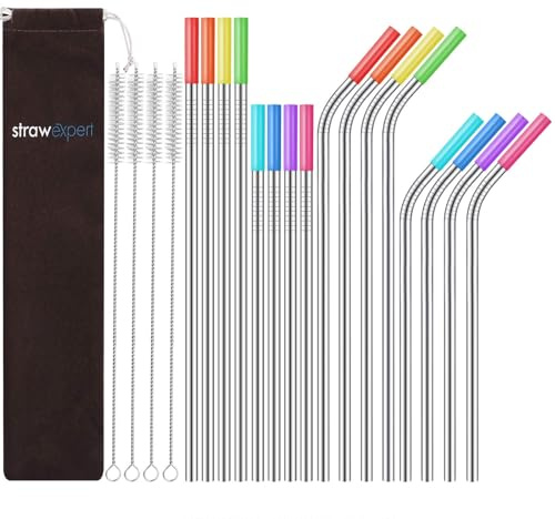 StrawExpert Set of 16 Reusable Stainless Steel Straws with Travel Case Cleaning Brush Silicone Tips Eco Friendly Extra Long Metal Straws Drinking for 20 24 30 oz Tumbler
