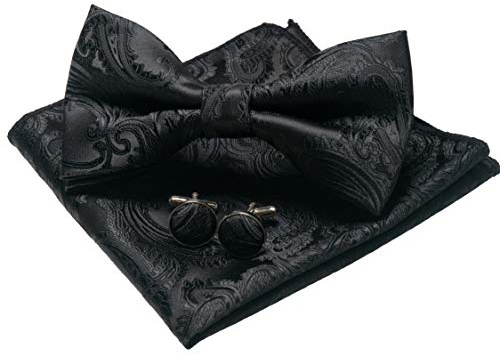 JEMYGINS Noeud Papillon Homme Motif Paisley avec Pochette et Boutons de Manchette pour Mariage Business et Ceremonie Noir Total