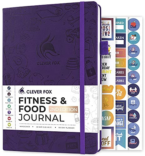 Clever Fox Fitness & Food Journal - Närings- och träningsplanerare för kvinnor och män - diet- och gymträning loggbok med kalendrar, diet- och träningsmätare - Odaterad, A5, inbunden (lila)