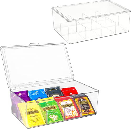 Puricon 2 Pack Tea Bag Storage Organiser Clear Tea Box with Lid, Stackable Tea Bag Holder Storage Bin Container with 8 Compartment for Tea Coffee Spices Kitchen Cabinet Pantry Countertop Table -Clear