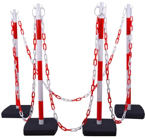 VILMON 4Pack 35 Traffic Delineator Post Cone with 11 Base, Crowd Control Stands Barrier with 20ft Chains, Expandable Traffic Safety Barriers for Parking Lot, Road, Construction Caution (Red & White)