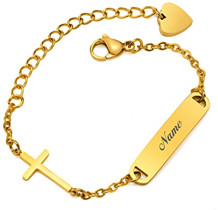 Baby Kind Armband mit Gravur Edelstahl Personalisierte Armbänder Tochter|Gravierbare Kinderarmkette|Taufarmband Junge Mädel|Kreuz Charme Name Babyarmband Taufgeschenke Plated（Gold）
