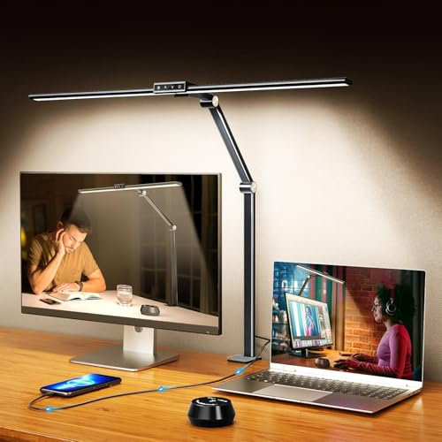 RETEYUNG Schreibtischlampe LED mit Fernbedienung, 24W 80cm Klemmbar Tageslichtlampe, 5 Farb 7 Helligkeitsstufen Dimmbar Monitor Lampe, USB-Ladeanschluss Desk Lamp für Büro, Leser, Kinder, Schwarz