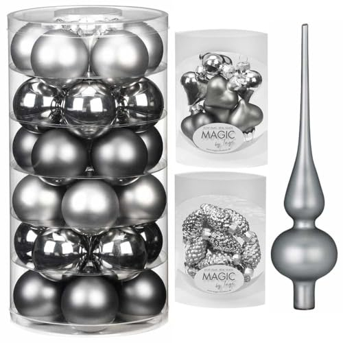 Inge Glas Weihnachtskugeln Set 51 TLG | Christbaumschmuck mit Spitze | Schöne Kugeln & Zubehör (Hazy Grey | grau)