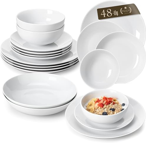 MALACASA 48-Piece Gourmet Porcelain Dinnerware Set, Round Dinner Sets for 12 People - White Plates and Bowls, Soup/Dinner/Dessert Plates, Amelia Series | Dinner service with 12 dinner plates, dessert plates, soup plates and cereal bowls, microwave and dishwasher safe