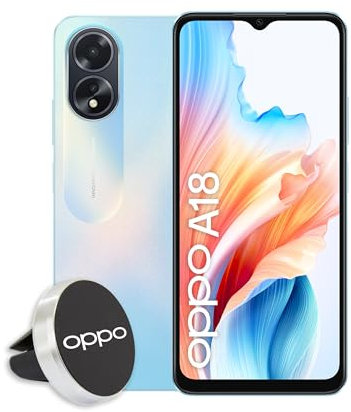 OPPO A18 Smartphone, AI Doppia Fotocamera + Flash, Selfie 5MP, Display 6.56” 90HZ LCD HD+, 5000mAh, RAM 4 (Esp 1GB/2GB/4GB)+ROM 128GB (esp1TB), IP54, Supporto Auto Versione Italia, Glowing Blue