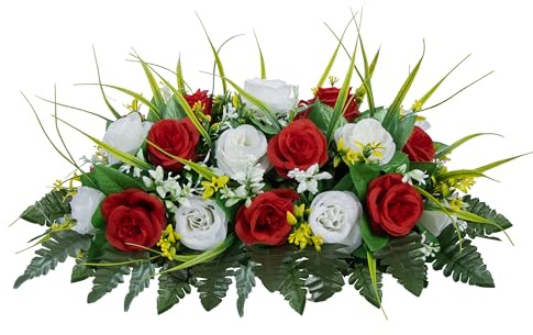 MOOMASS Cemetery Headstone Flower Saddle - Artificial Cemetery Flowers Rose, Grave Decoration，Non-Bleed Colors, and Easy Fit (Red+White, Saddle)