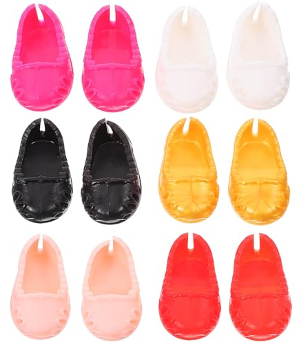 UPKOCH 6 Paar Puppenschuhe Mini, Ersatz-Dekorative Schuhe FüR 17 cm Puppen, Flache Kunststoffschuhe in Schwarz, Rot, Rosa, Weiß, Pink Und Gold