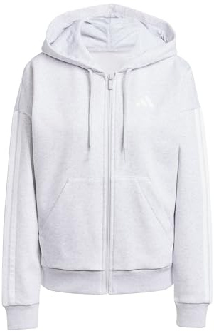 adidas dam Essentials 3-Stripes Full-Zip Fleece Hoodie Sweatshirt, light grey heather/white, M