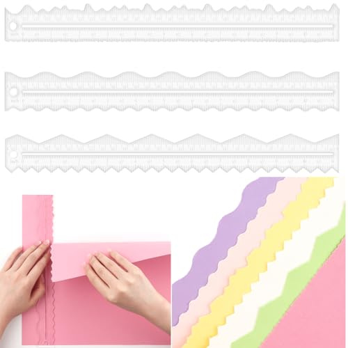 3 reglas de desgarro, regla de papel acrílico, regla de borde de cubierta, regla de bordes irregulares, regla para cortar papel a línea ondulada dentada, escuela, oficina, arquitecto, medición,