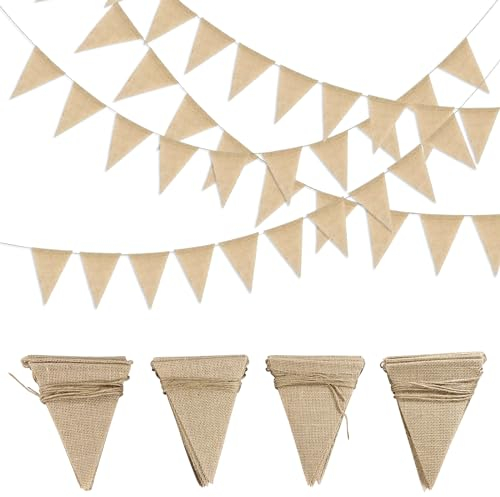 Wimpelkette Jute, 4 Stück Wimpel Girlande Wimpelkette Outdoor Wetterfest, 48pcs Vintage Imitation Leinen Wimpel Garten Wimpelgirlande für Hochzeitsdekoration Partydekoration Garten Dekoration (Braun)