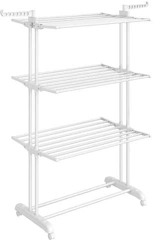 SONGMICS Stendibiancheria, Stendino Pieghevole a 4 Livelli, con Ruote e Ali Richiudibili, 63,5 x 128 x 173 cm, Capiente, Uso Interno ed Esterno, Bianco Nuvola LLR701W03