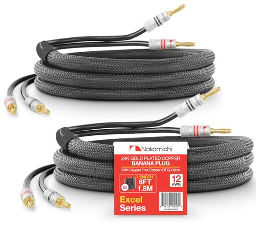 Nakamichi 24K vergoldeter Bananenstecker mit Lautsprecherkabel, 99,9% sauerstofffreies Kupfer (OFC), robustes geflochtenes Kabel, CL2-zertifiziert - Schwarz (12AWG / 6 Fuß / 1,8 Meter) 2er-Pack