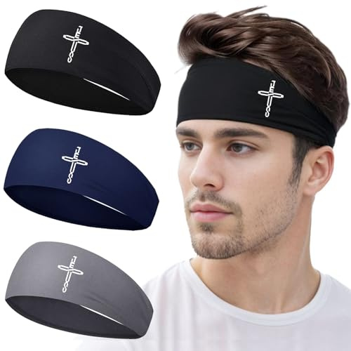 Headbands for Men Women 3pcs Sweat Bands Headbands Men Sweatbands Christian Cross Sports Headband Mens Head Band Running Workout Headband for Mens Cooling Women Hairband Tennis Football Gift