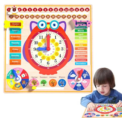 Toddler Owl Learning Clock - Wooden Time Calendar & Weather Board for Kids