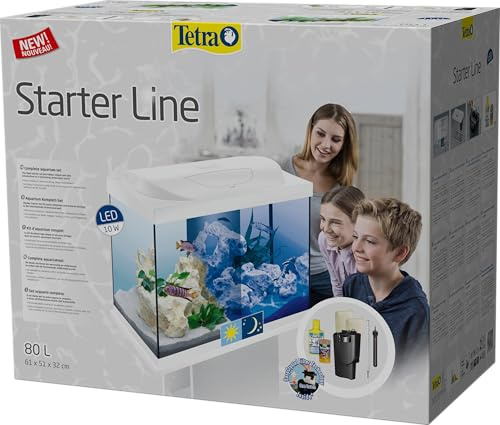 Tetra Starter Line 80 L Aquarium Weiß, Komplett-Set - inkl. Tag- & Nachtlicht LED-Beleuchtung, Innenfilter, Heizer, Fischfutter und Wasseraufbereiter