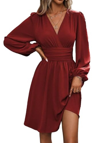 LIAMERHE Mini Robe Femme Manches Longues Col V Chic et Elegant Robes Manches Lanternes Automne et Hiver A-Line Casual Robe Casual pour Fête Noël Mariage Bourgogne S