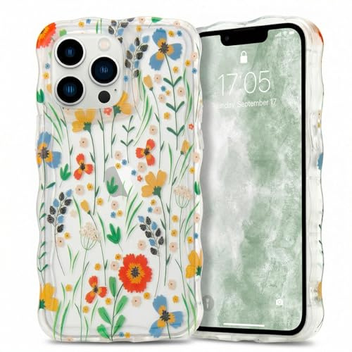 Micoden Cute Curly Wave Case for iPhone 13 Pro Max,Clear with Anti-Yellowing Flower Floral,Soft TPU Slim Bumper Shockproof Anti-Scratch Protective Wavy Cover for Girls Women-Orange