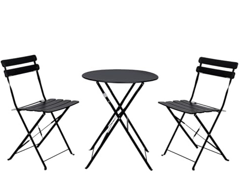 Conjunto de mesa y 2 sillas plegables de metal para jardín, balcón o terraza | Set bistró compacto y resistente, ideal para exteriores e interiores | Diseño elegante, fácil de almacenar y transportar