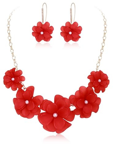Ever Faith Flower Statement Necklace Boho Summer Holiday Beach Jewellery Floral Flower Collar Necklaces with Earrings for Women