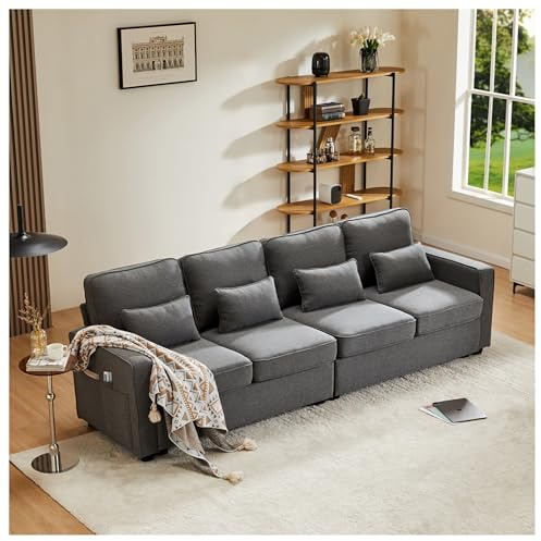 Wyibwy Divano moderno a 4 posti in tessuto di lino, divano a quattro posti con tasche per braccioli e 4 cuscini, divano dallo stile semplice, adatto a soggiorno, casa, ufficio (Grigio scuro)