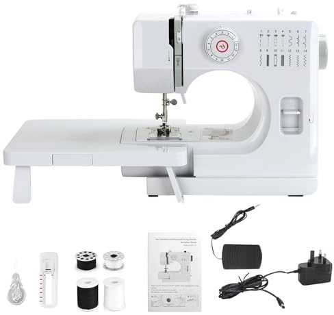 Mini Electronic Sewing Machine for Beginners – 14 Built-in Stitches, Double-Line Two-Speed, Reverse Stitch, Foot Pedal & UK Plug, Portable with LED Light