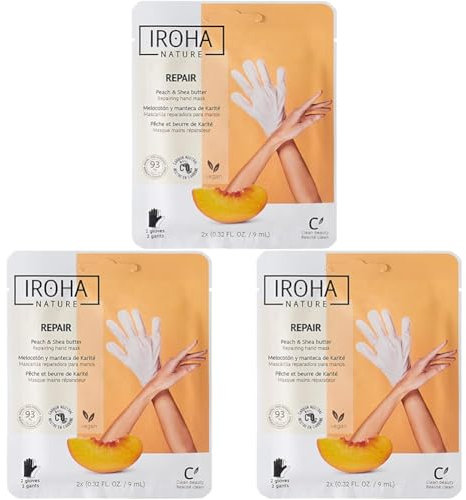 Iroha Nature - Guantes Mascarilla Reparadores | Melocotón y Manteca de Karité | Hidratación y Reparación para Manos Dañadas y Agrietadas | Vegano y 93% Ingredientes Naturales | Sachet 20ml 2 Uds
