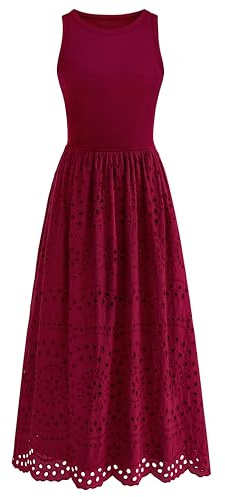 dowerme Women Sleeveless Lace Eyelet Cotton Tank Maxi Dress,Wine Red,L