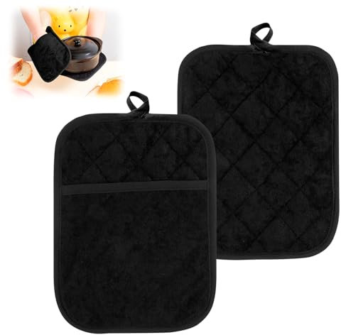 2er Set Topflappen Schwarz aus Baumwolle mit Taschen, Ofenhandschuhe Hitzebestaendig,1Guanti da Forno Antiscivolo per Cucinare, Cuocere al Forno E grigliare, Dimensioni 7 x 9