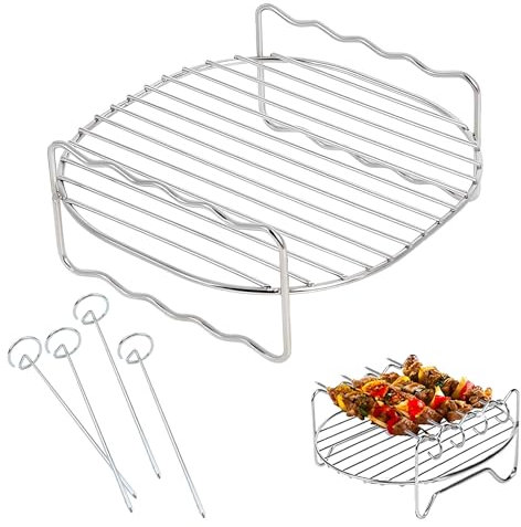 Air Fryer Rack, Stainless Steel Dual Airfryer Racks Compatible with Ninja 3.8L/Tefal 4.2L/Cosori 3.5L/Salter 4.5L/Tower 4L/Philips 4.1L Air Fryer Accessories, Grilling Rack with 4 Skewers