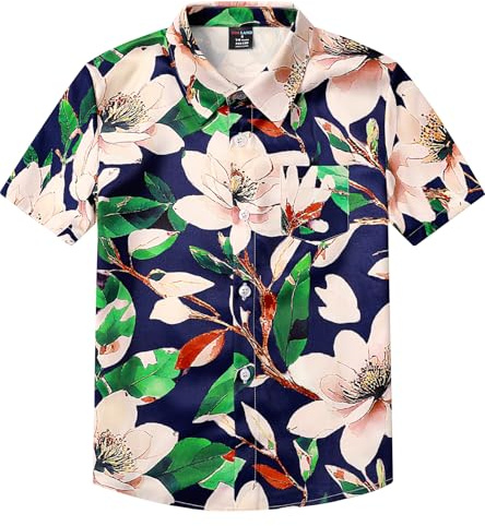 MOMBEBE COSLAND Camisa Hawaiana Niños Verano Camisa Manga Corta, Flores, 9-10 Años(Medium)