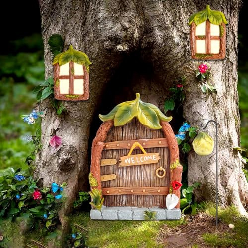 Feirdhoo Casa de hadas decoración de jardín, puerta de hadas y puerta de árbol para jardines, 4 piezas de puerta de hadas material de resina para exteriores en la oscuridad, resina en miniatura jardín