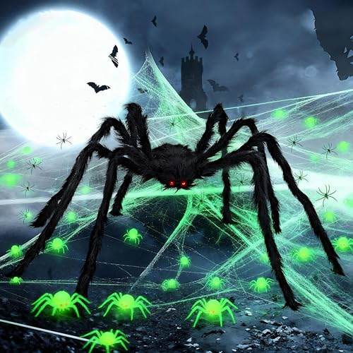 Halloweendekoration spindlar, 300 g stretchigt spindelnät halloween (1 800 kvadratfot) 50 stycken realistisk svart plast spindlar dekoration (5 cm) + 20 spindlar lysande (5 cm) + 1 spindel halloween