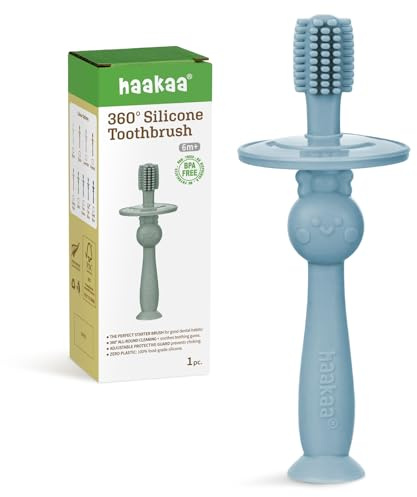 haakaa 360° Baby Toothbrush with Suction Base - Gentle Cleaning for Toddler's Self-Brushing Training, Food-Grade Silicone, Adjustable Safety Shield - Sky Blue (1 Piece)