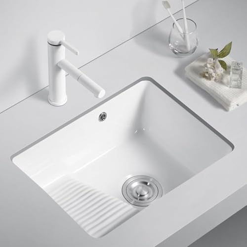 Lavandino Da Bagno Rettangolare Sottopiano Con Asse Da Bucato, Lavabo In Ceramica For Lavanderia, Lavabo Sottopiano Con Troppopieno For Balcone(White A,52.5x40x21cm)